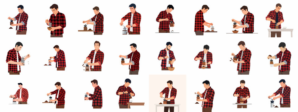 Barista-style illustrations of a man in a red plaid shirt grinding fresh coffee beans with a manual hand grinder.