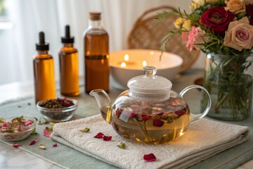 A tea set with a teapot and a vase of flowers on a table