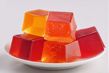 Una composici&oacute;n de cubos de gelatina roja y naranja sobre un plato blanco.