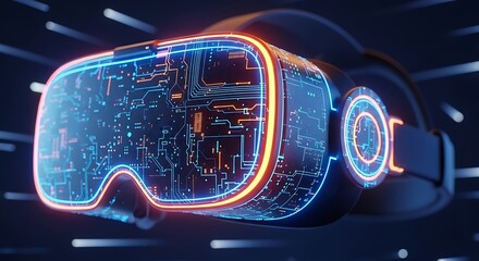 Futuristic virtual reality headset glowing with digital circuits and neon lights, representing immersive technology and the metaverse