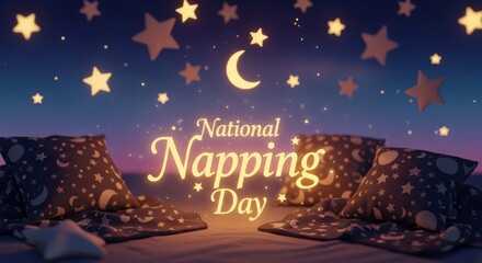 Night sky with moon and stars over pillows and blankets, promoting national napping day