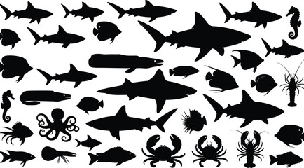 Set of marine life silhouettes with sharks fish crabs and octopus, underwater ocean animal collection, cad drawing flat vector illustration © Hello World