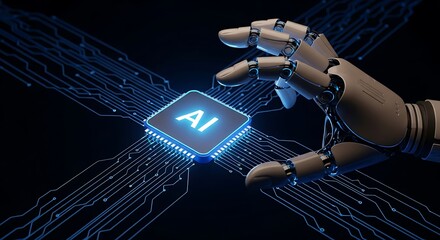 A robotic hand reaches out to a glowing square chip with ai written on it, surrounded by digital circuits, signifying ai integration