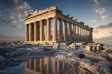 Obraz premium Exploration of the Parthenon Temple at the Acropolis in Athens, Greece during sunset showcasing ancient architecture