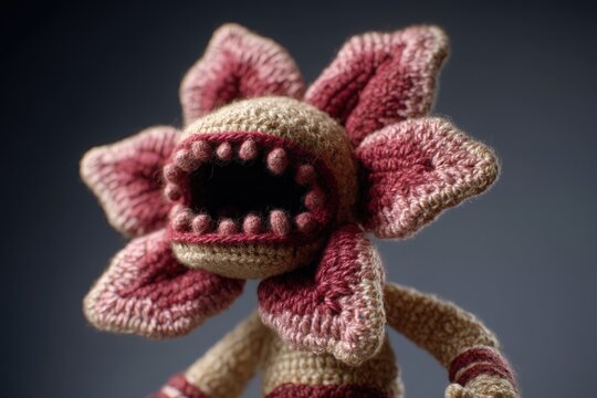 Close-up de un adorable amigurumi del Demogorgon de Stranger Things.