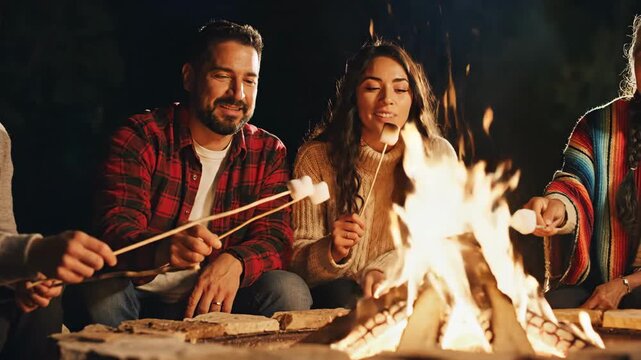Warmth and camaraderie around a campfire with friends on a cozy night outdoors
