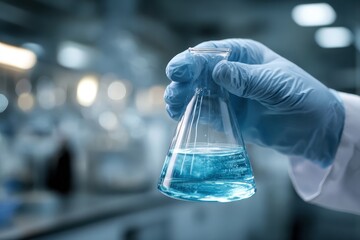 Laboratory analyst holds a beaker with blue liquid while wearing a glove in a modern lab environment
