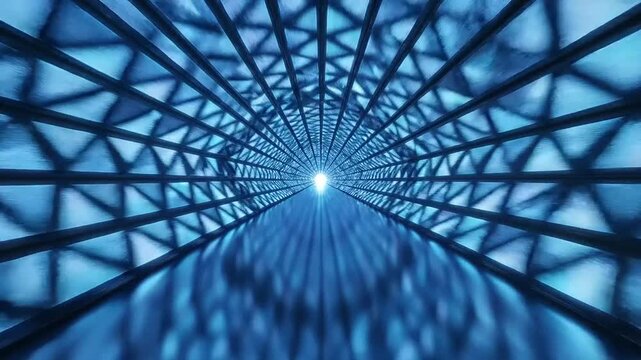 Abstract view of a geometric tunnel leading to a bright light, showcasing intricate patterns and depth