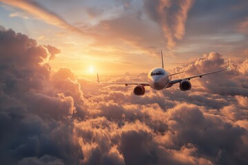 Commercial airplane soaring through breathtaking clouds during a vibrant sunrise above the horizon