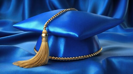 Blue graduation cap with gold tassel on satin fabric