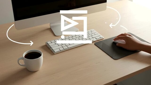 Overhead view of a person using a computer mouse on a desk with a keyboard, monitor, and coffee cup.
