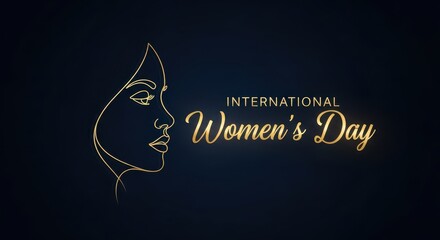 Elegant golden outline of a womans face with the text international womens day on a dark blue background, celebrating womens empowerment and equality globally