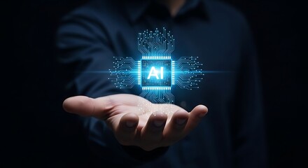 Man holding a glowing ai chip in his palm, symbolizing advanced artificial intelligence and technological integration