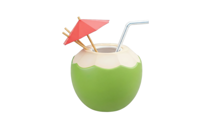 Green coconut with umbrella and straw