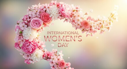 Beautiful floral arrangement in shades of pink and white forming a crescent shape with the text international womens day illuminated by soft sunlight, symbolizing growth and beauty