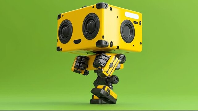 A cheerful yellow robot toy with a friendly design, set against a vibrant background.