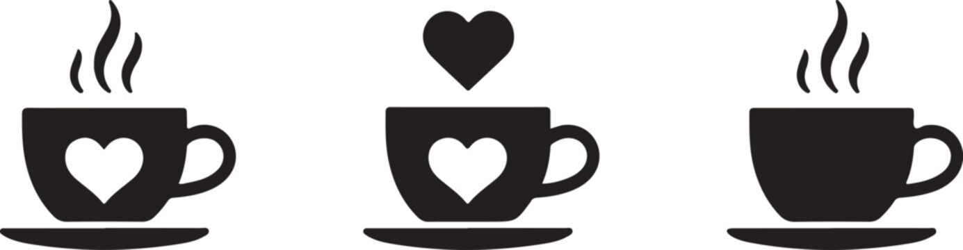 Coffee mug and tea cup vector icon set. Black silhouette collection with steam and heart symbols for cafe logo, coffee shop branding, menu design or hot drink element. 