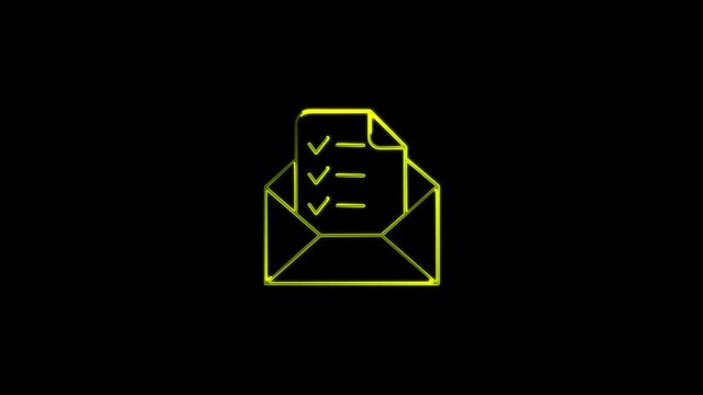 Neon yellow email with checklist on document inside envelope on black background