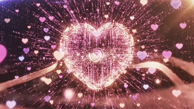 Vibrant digital heart animation with swirling particles, showcasing love and connection in a colorful background