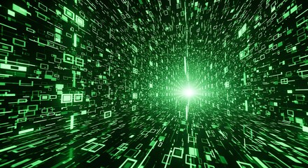 Abstract green digital tunnel with glowing light at the end, representing data flow and technology