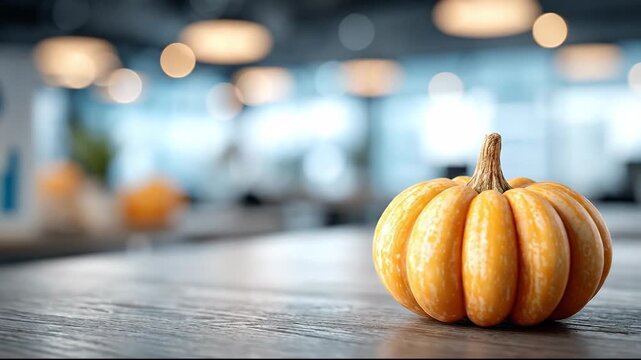 A vibrant orange pumpkin on a rustic table in a cozy indoor setting.
