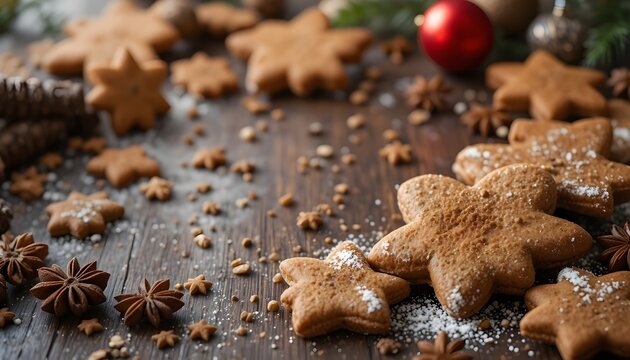 Christmas background with homemade gingerbread cookies and aromatic holiday spices festive cozy scene - Powered by Adobe