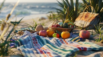 A vibrant beach picnic scene with fruit basket blanket and beach bag in a sunny coastal setting