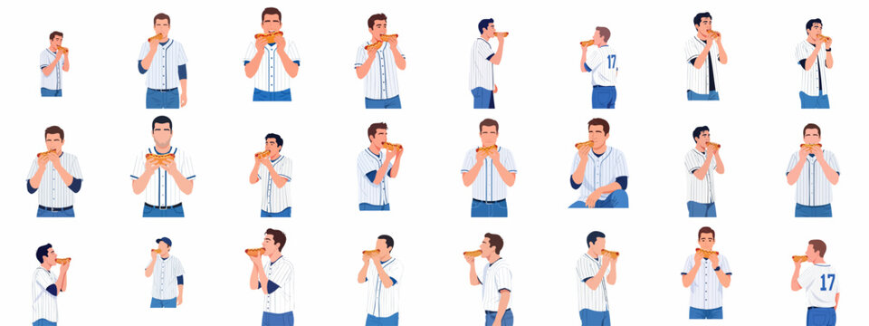 Collection of flat vector illustrations depicting men in baseball jerseys enjoying hot dogs, suitable for sports, food, or fan culture content.
