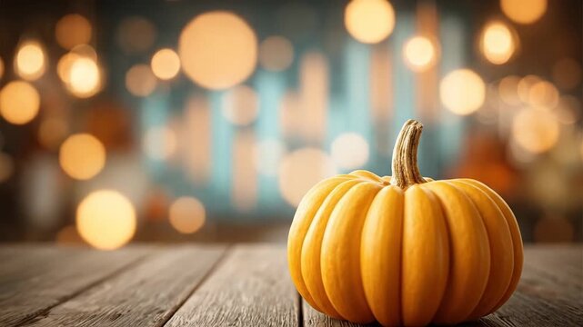 A warm, cozy autumn scene featuring a pumpkin on a rustic wooden table.