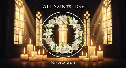 All saints day memorial wreath with candles and stained glass windows, honoring the departed on november 1st