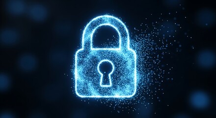 Digital padlock icon made of glowing blue particles, representing cybersecurity and data protection in a futuristic digital world