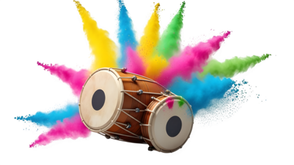 Dhol drum with vibrant holi color powder explosion isolated on transparent background