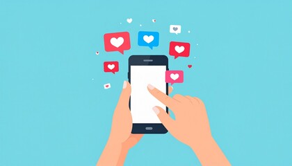 Hand interacting with a smartphone displaying social media likes and notification bubbles, symbolizing online engagement, mobile communication, and digital interaction in a modern flat design