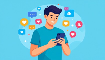 Young man happily engaging with social media on his smartphone, surrounded by floating digital icons representing likes, comments, and messages, illustrating online interaction