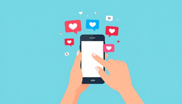 Hand interacting with a smartphone displaying social media likes and notification bubbles, symbolizing online engagement, mobile communication, and digital interaction in a modern flat design - Powered by Adobe