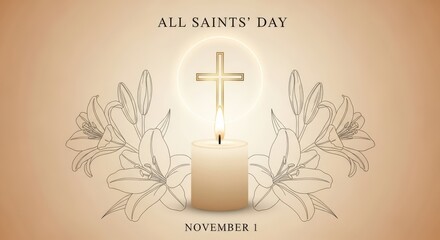 All saints day with a glowing cross and candle on november 1st, a solemn religious observance