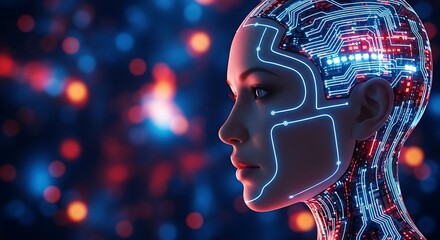 Profile of a futuristic woman with a digital circuit pattern on her head, symbolizing ai and technology