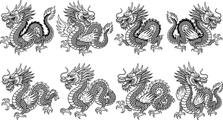Chinese Dragon Silhouette Collection with Serpentine Bodies, Horns, and Claws for Tattoo, Mythical, and Vector Design Use © Sahed