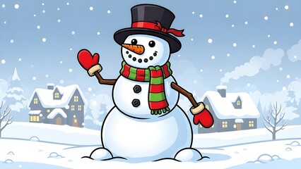 Friendly Cartoon Snowman Waving in a Snowy Winter Village with Top Hat and Scarf
