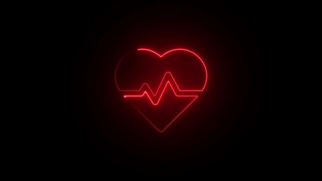 Heartbeat line graph neon red heart symbol with E C G pulse line on black background medical health technology