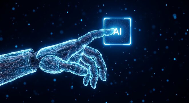 Closeup of a robotic hand made of glowing blue particles touching a digital button with the text ai, symbolizing artificial intelligence and future technology interaction - Powered by Adobe