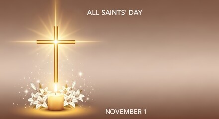 Golden cross with glowing candle and lilies on a soft brown background, celebrating all saints day on november 1st