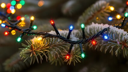 Colorful Christmas String Lights on Snowy Pine Tree Branch with Bokeh Background