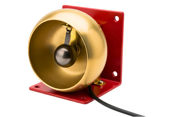 Brass electric fire alarm bell with red wall mount for safety isolated with transparent background