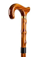Polished wooden handle of walking stick with brass decorative ring isolated with transparent background