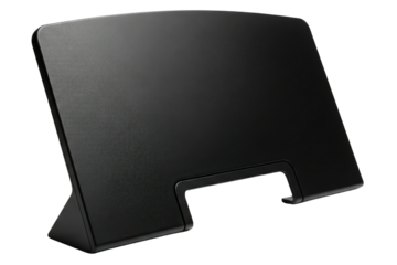 Black plastic adjustable desktop mount for electronic devices isolated with transparent background