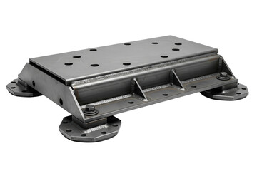 Heavy-duty welded steel machinery mounting base with bolt holes isolated with transparent background