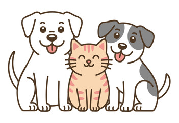 Obraz premium Dogs and Cat Sitting Together in Cartoon Style Vectot on a White Background
