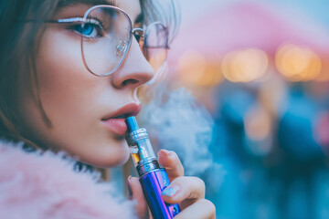 Close up of woman with glasses using vape pen, exhaling vapor, showcasing stylish and modern lifestyle in vibrant setting