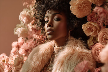 Fototapeta premium Afro hair woman with curly hairstyle wearing soft fur coat surrounded by pink and peach roses in warm light setting